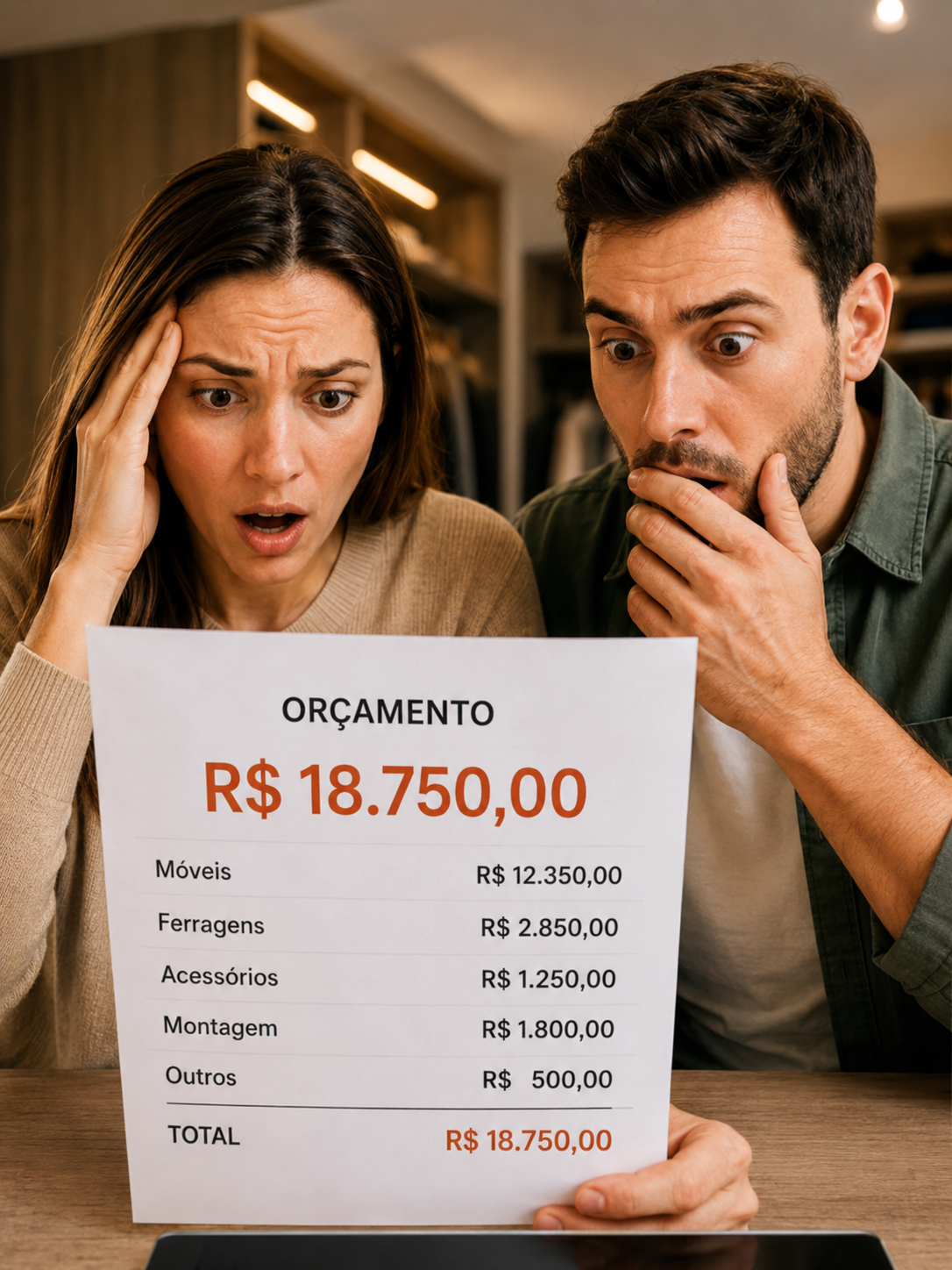 Casal surpreso segurando o orçamento de R$ 18.750,00 de um guarda-roupa planejado dentro de uma loja