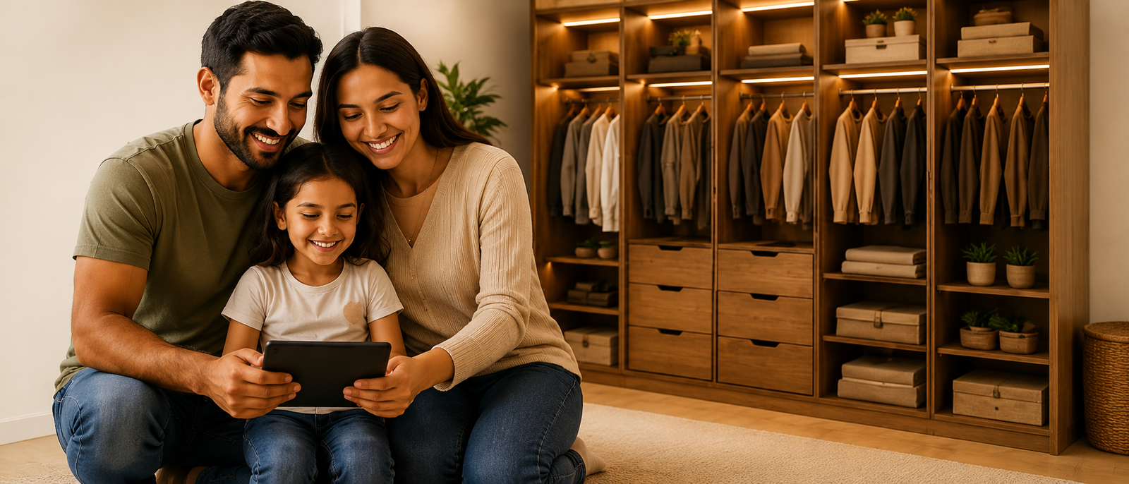 Família feliz em frente a um guarda-roupa planejado